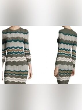 Torn by Ronny Kobo Long-Sleeve Chevron Knit Maxi Dress in Olive, Pink & Taupe